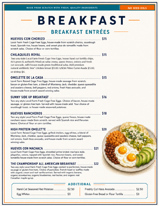 Breakfast entrées menu page